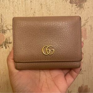 Gucci Taupe Pebbled Leather Tri-Fold Wallet with Gold GG